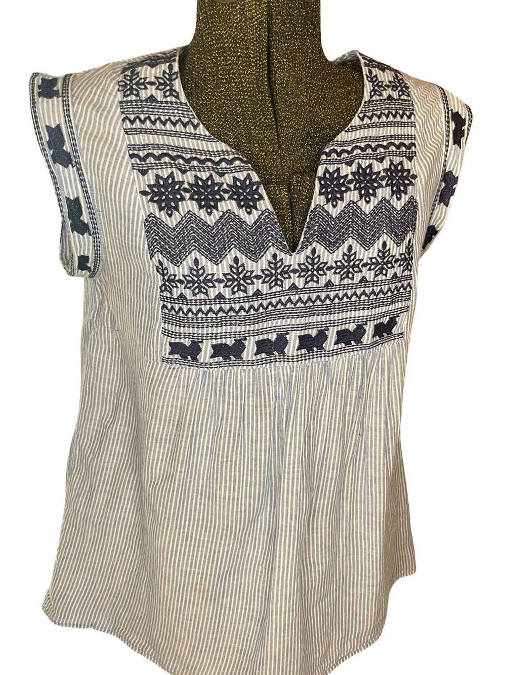 THML Embroidered Striped Boho Tunic Top Sz M Blue White Anthropologie Style - Picture 2 of 10